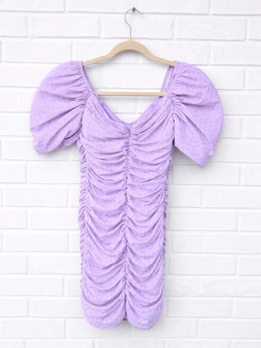 HUTCH dress cocktail Wren Mini Dress In Lilac Ruched Off Shoulder Puff Sleeve